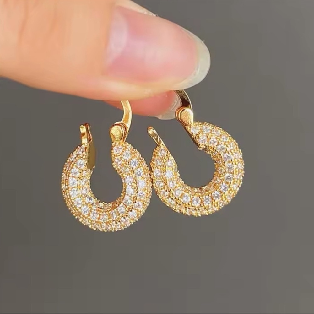Gold Crystal Pave White Diamonds CZ Hoop Earrings